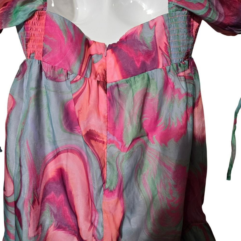 Amanda Richardson Pink Floral Babydoll Dress L Puff Sleeve Tie Front CottageCore - Picture 10 of 13